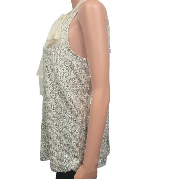 NWT Calvin Klein Sequin Top Blouse Size M Sleeveless Tie Front Halter neck Cream - Picture 5 of 13